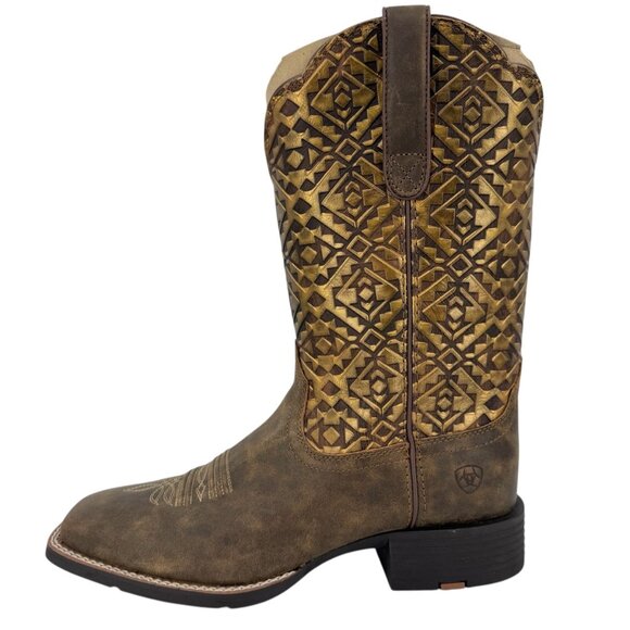 Ariat Women's Round Up Wide Square Toe Leather Brown Western Boots Size 10B NWOB - Picture 4 of 16